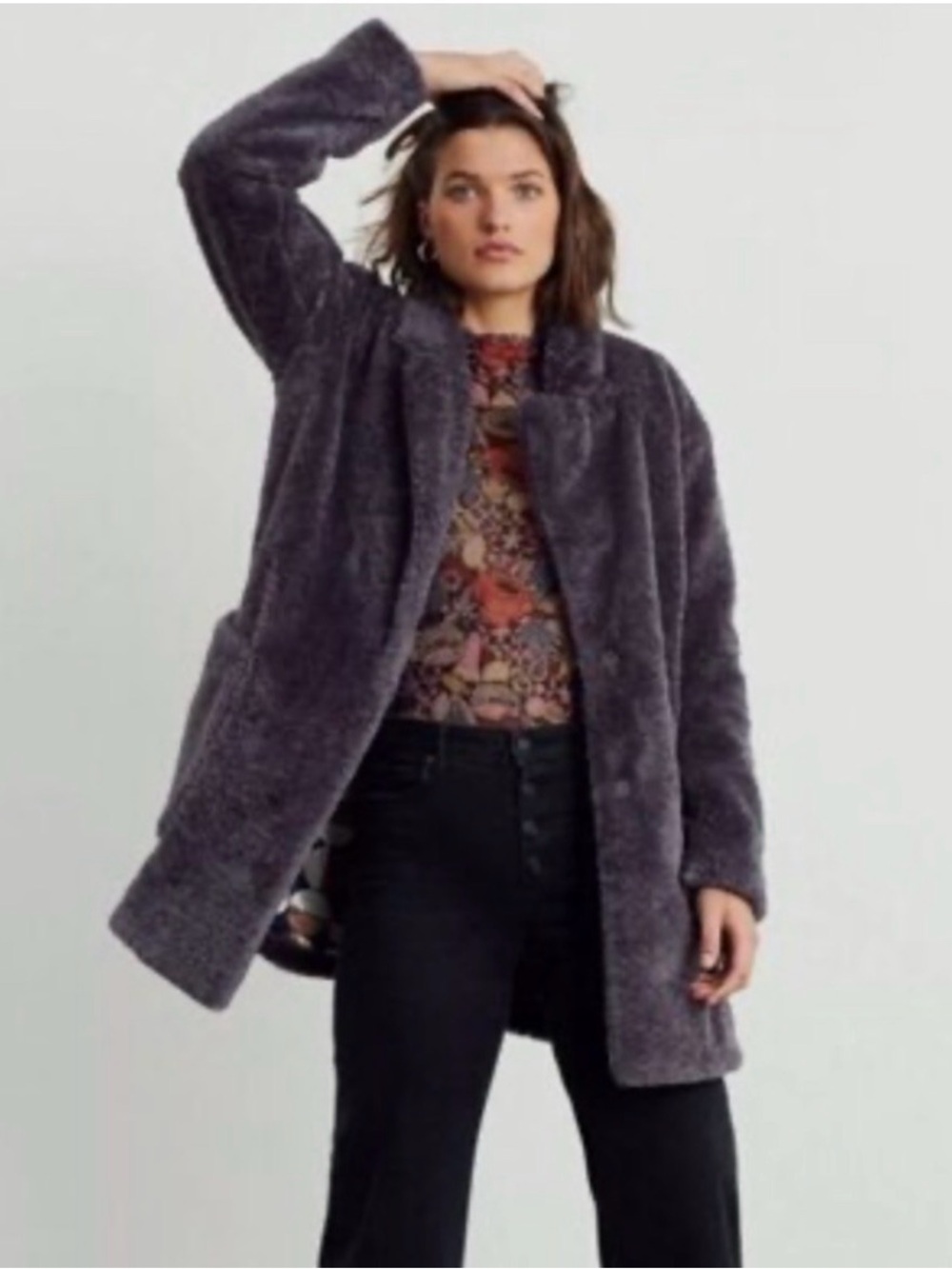 Maeve Anthropologie Lisanne Purple Faux Fur Jacket XS 70s Mod Oversized